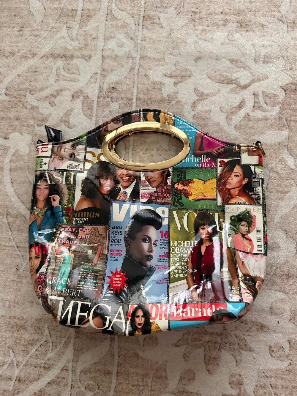 Michelle Obama Magazine Print Patent Leather Handbag